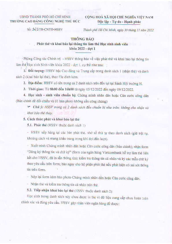 Thông báo phát thẻ và khai báo lại thông tin làm thẻ Học sinh sinh viên khóa 2022 - đợt 1_001